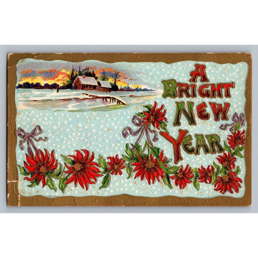 Embossed A Bright New Year Winter Landscape Postcard c.1910 Winsch